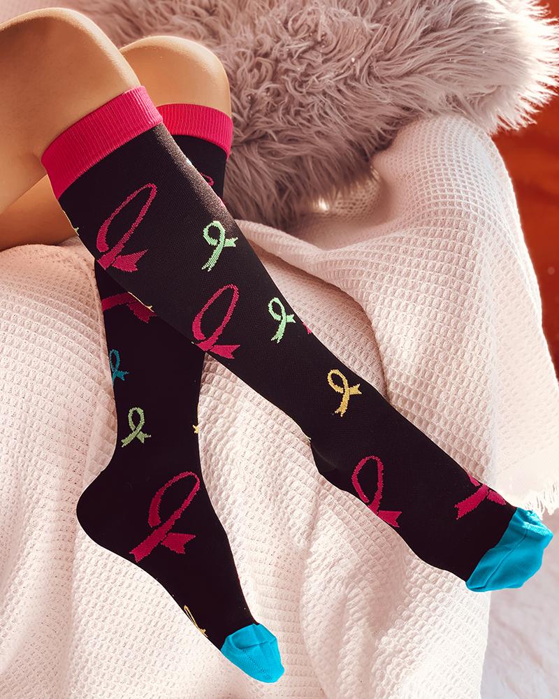 

Christmas Scarf Print Long Socks, Pink