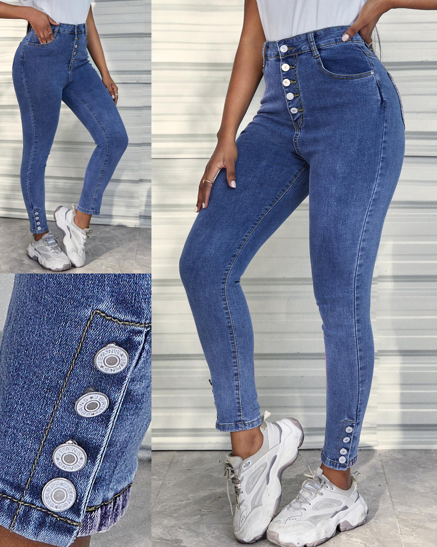 

Solid Color High Waist Skinny Jeans, Blue