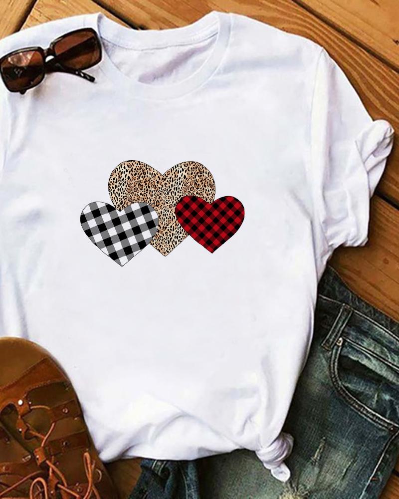 

Heart Print Short Sleeve Casual T-Shirt, White