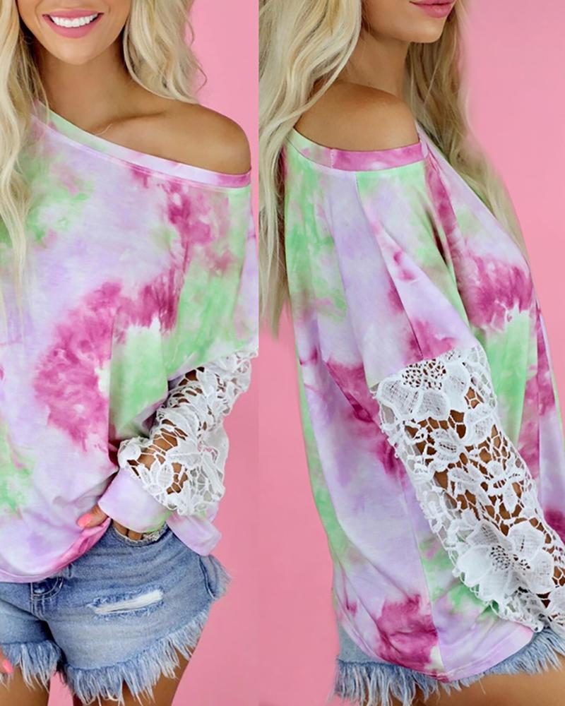 

Tie Dye Print Lace Patch Casual Top, Pink