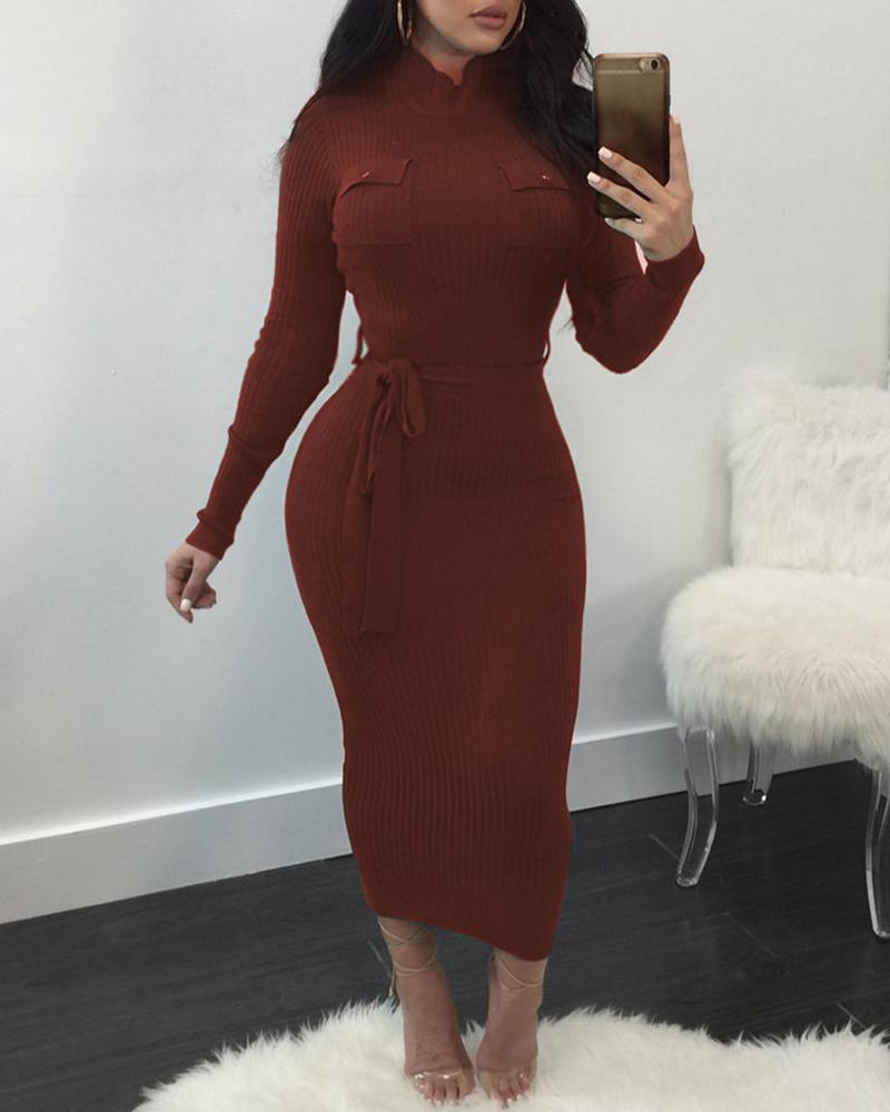 

Long Sleeve Pocket Decor Skinny Knit Maxi Dress, Wine red
