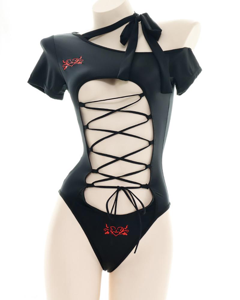 

Heart Print Lace-up One Shoulder Teddy, Black