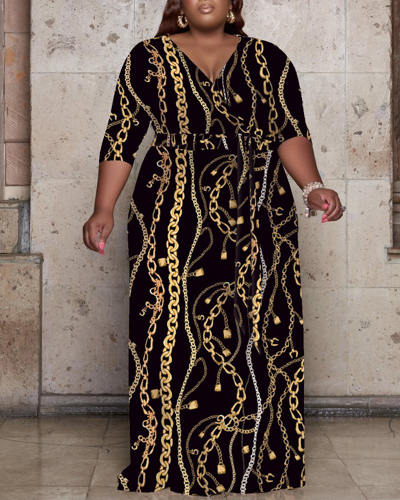 

Plus Size Chain Print Belted Wrap Maxi Dress, Black