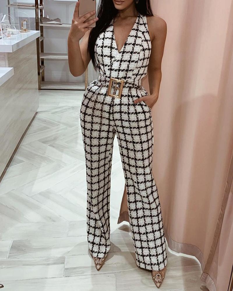 

Plaid Print Pocket Design Sleeveless Jumpsuit, White