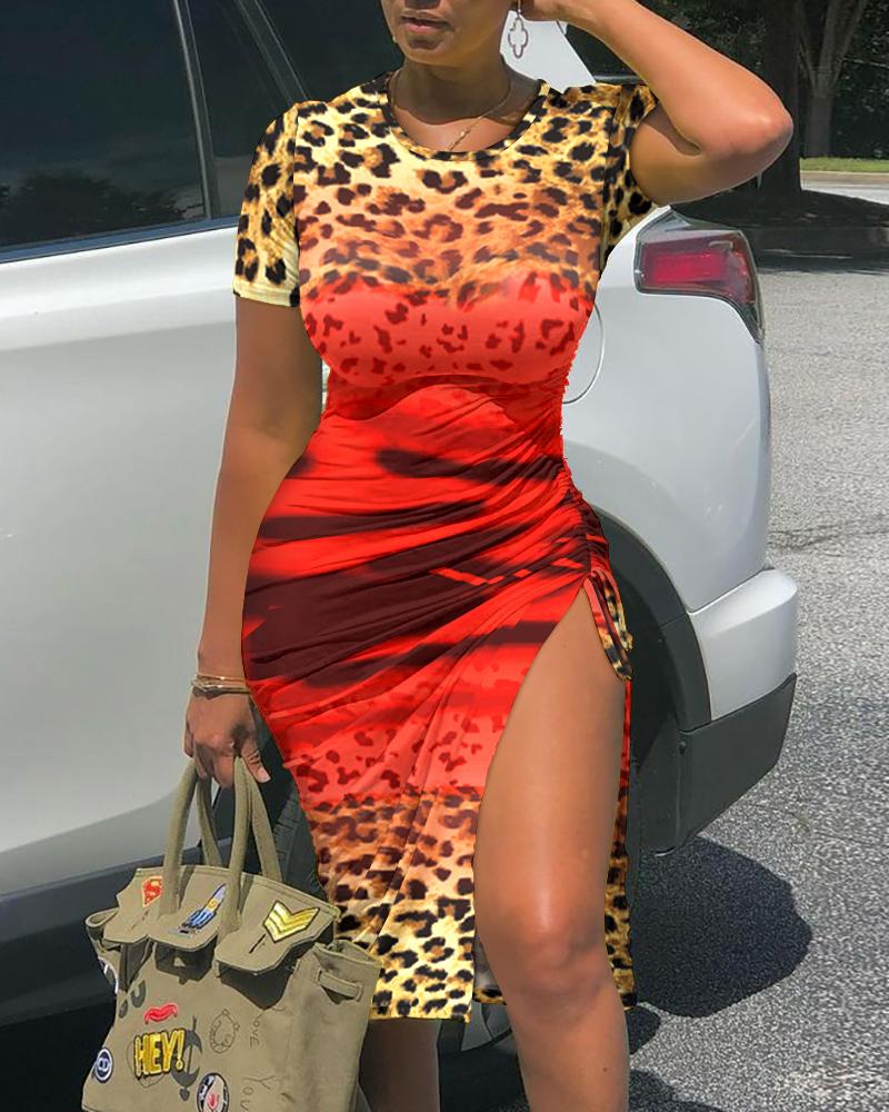 

Leopard Print Ombre Drawstring Ruched High Slit Dress, Red