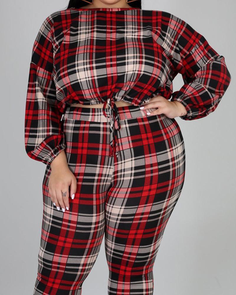 

Plus Size Drawstring Plaid Crop Top & High Waist Pants Set, Hot pink