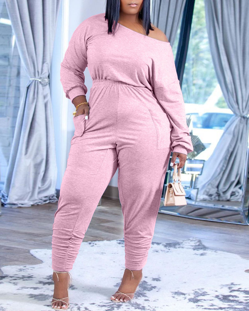 

Long Sleeve Casual Top & Ruched Pants Set, Pink