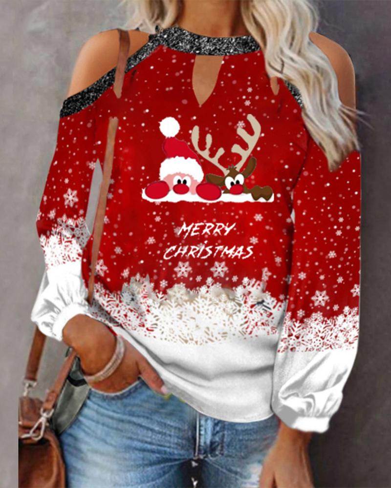 

Christmas Snowflake Elk Print Cold Shoulder Top, Red