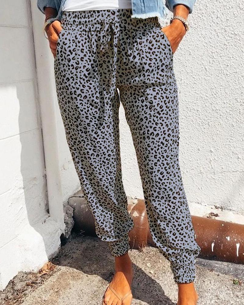 

High Waist Leopard Print Drawstring Pants, Gray