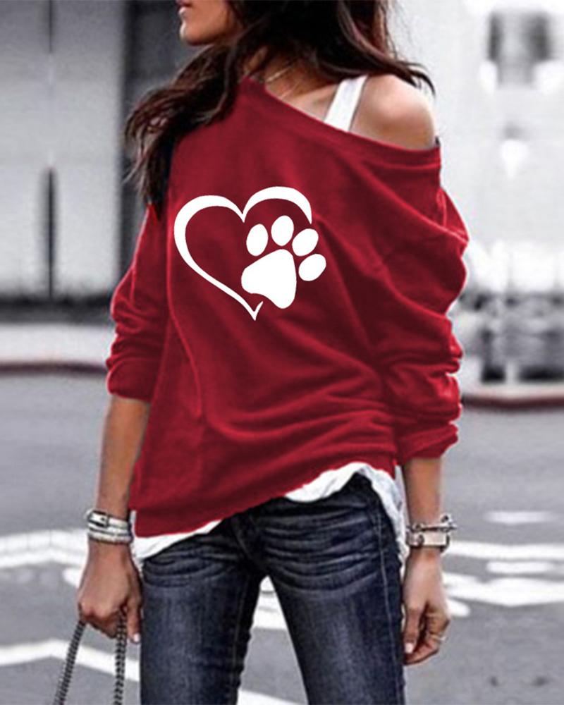 

Paw Heart Print Long Sleeve Casual Sweatshirt, Wine red