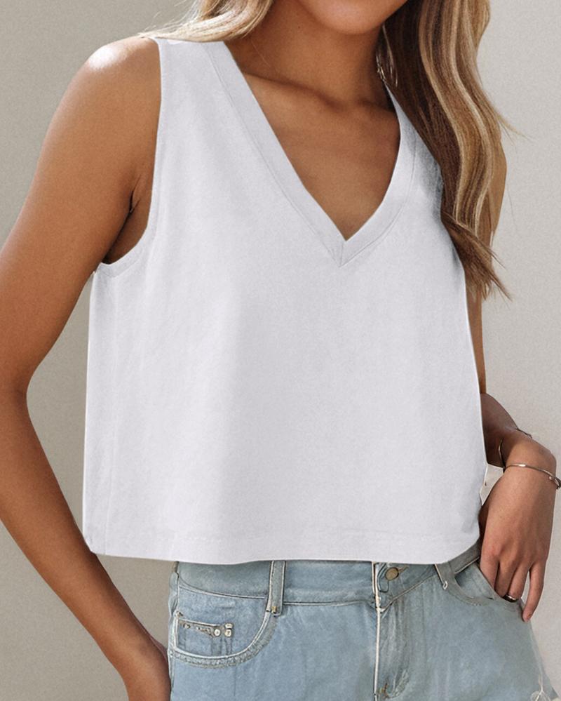 

Top casual sem mangas com decote em V, White