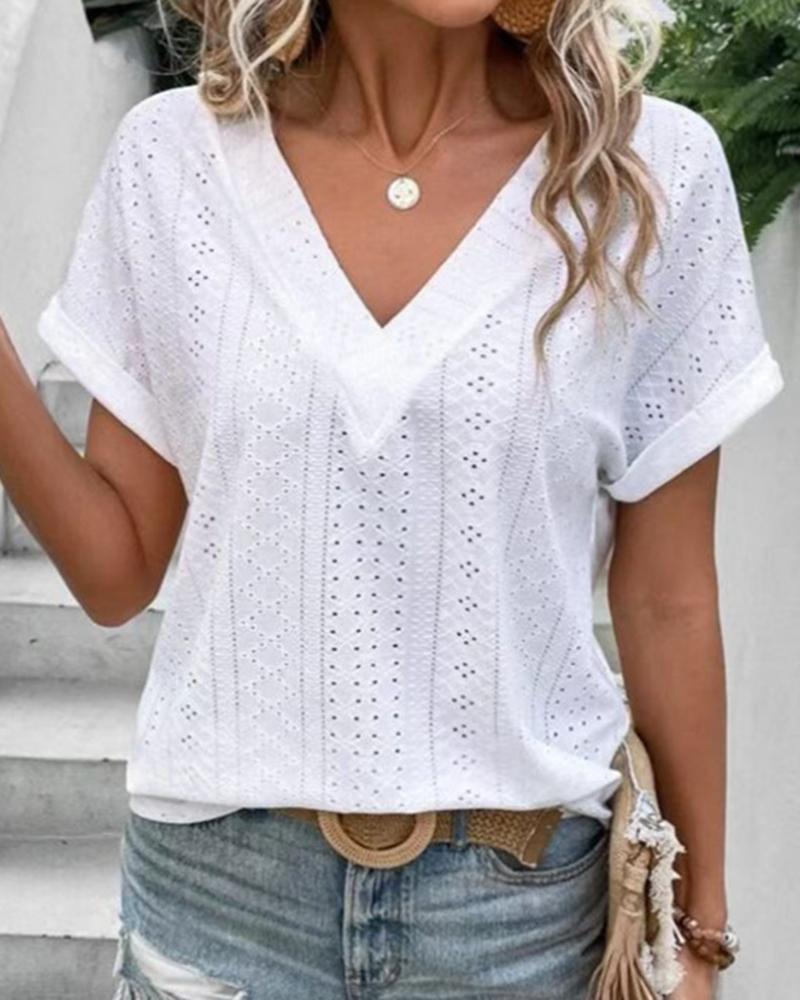 

Eyelet Embroidery Short Sleeve Casual T-shirt, White