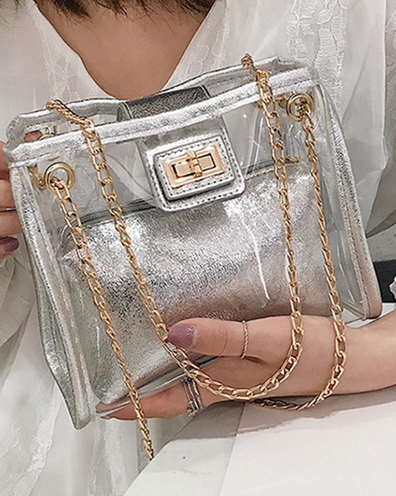 

Chain Strap Clear Shoulder Bag With Inner Pouch, Silver