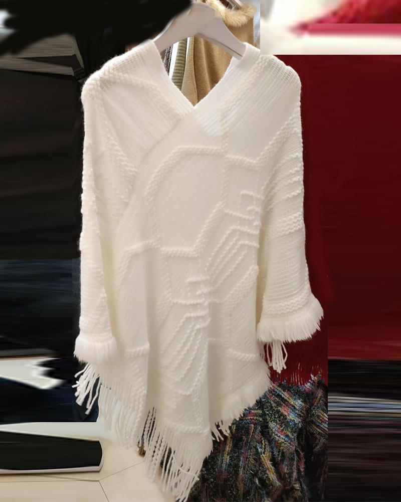 

V Neck Tassel Design Poncho Sweater, White