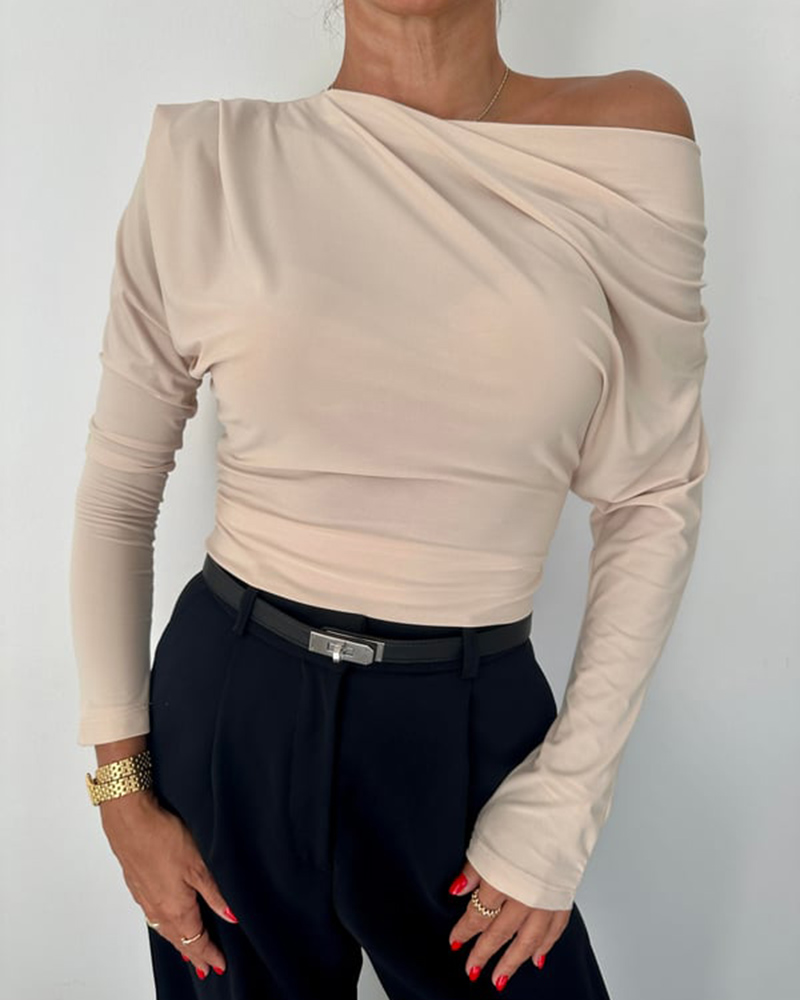 

Skew Neck Long Sleeve Ruched Top, Apricot