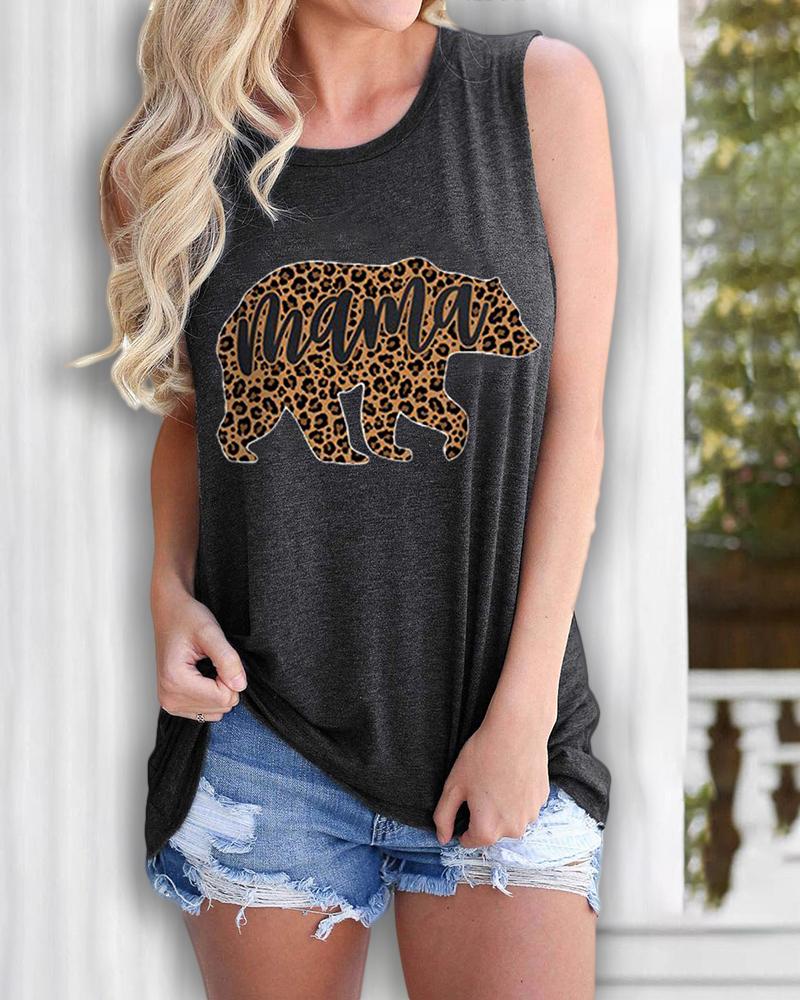 

Letter / Cheetah / Bear Print Casual Tank Top, Dark grey