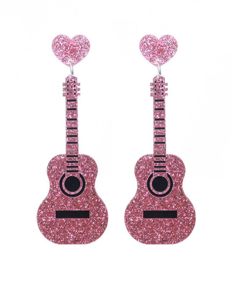 

1Pair Valentine's Day Heart Guitar Shaped Drop Earrings, Pink