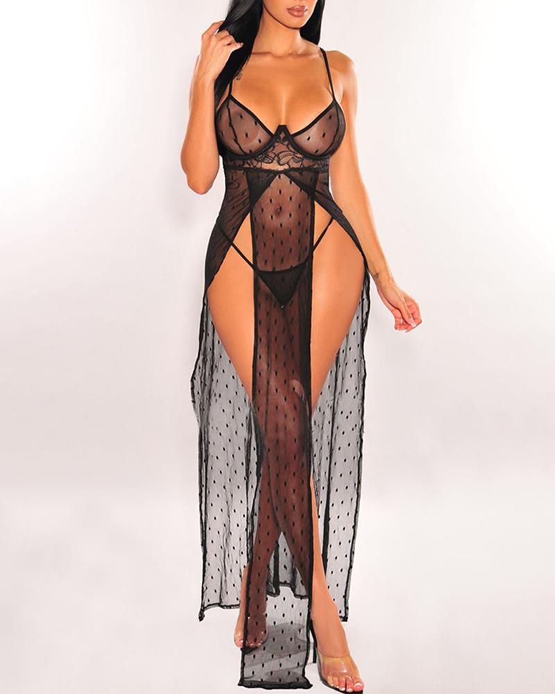 

High Slit Dot Mesh Crochet Lace Babydoll With Thong, Black