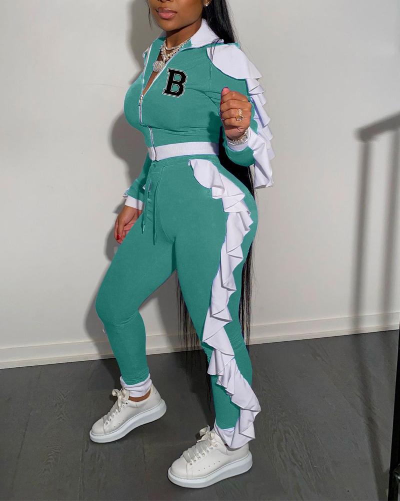 

Letter Print Ruffle Hem Zip Up Top & Drawstring Pants Set, Green