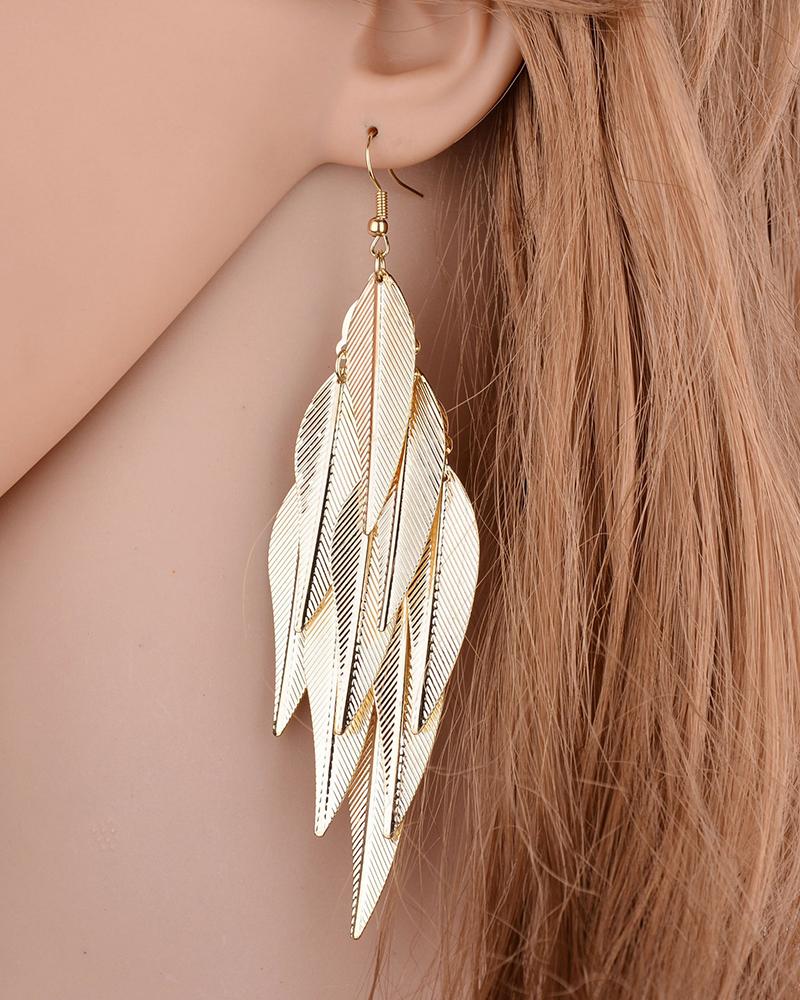 

1Pair Feather Decor Layered Drop Earrings, Gold