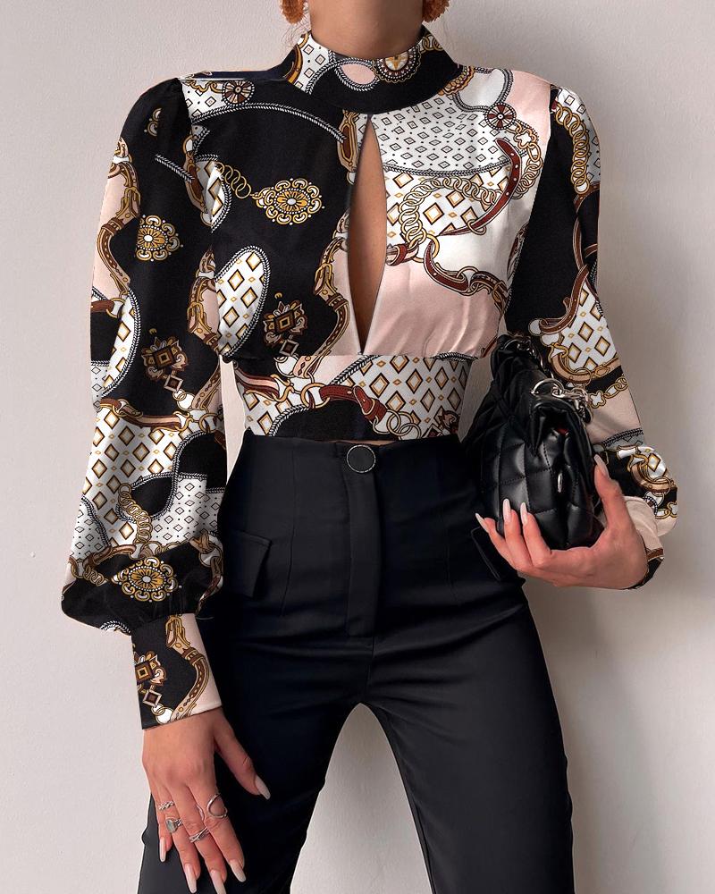 

Chain Scarf Print Puff Lantern Sleeve Backless Top, Multicolor