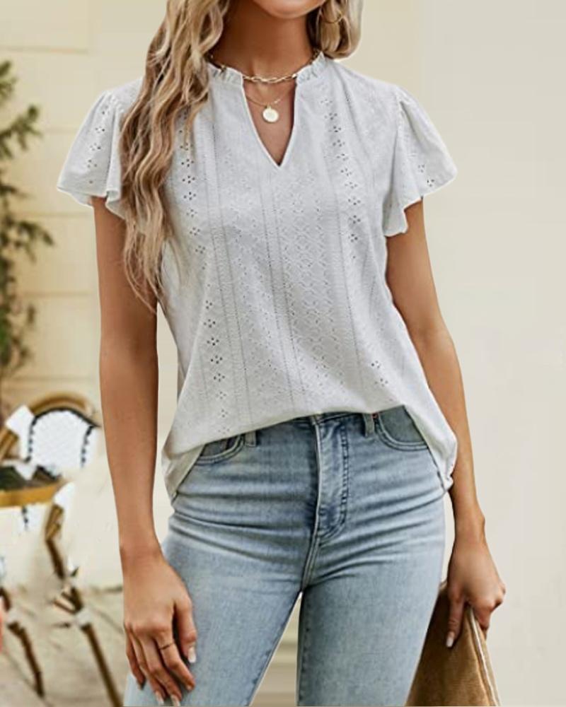 

Hollow Out Frill Hem V-Cut Top, White