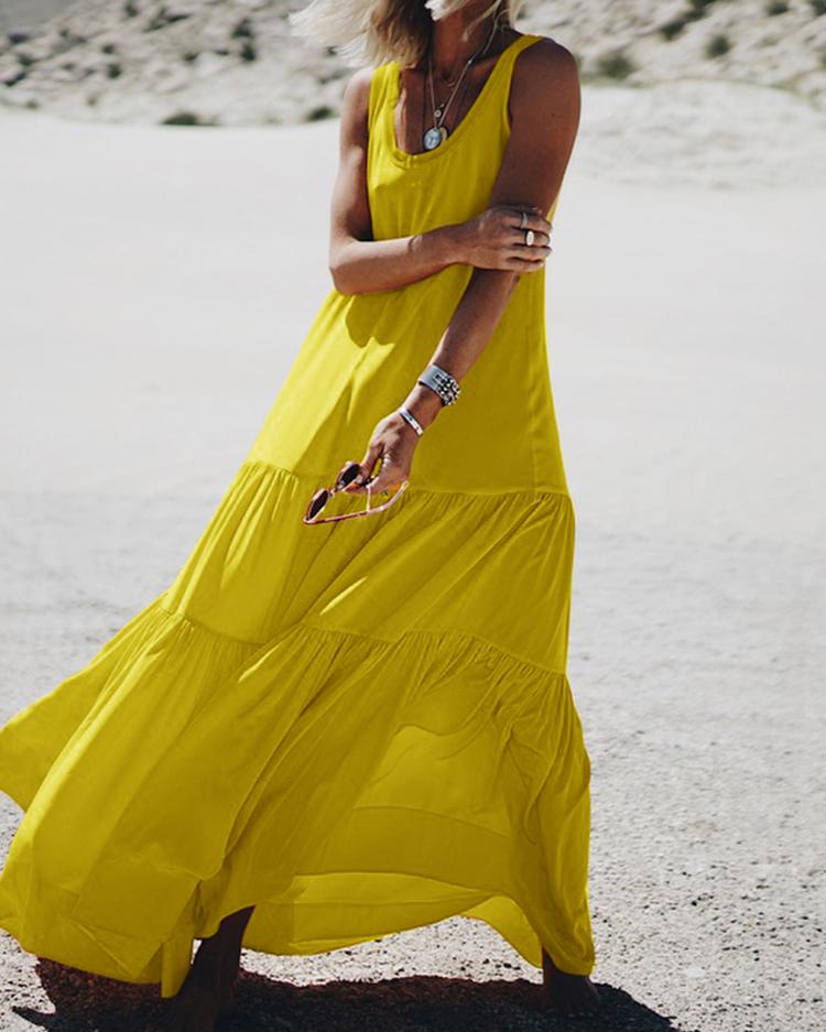 

Solid Ruffle Hem Casual Maxi Dress, Yellow