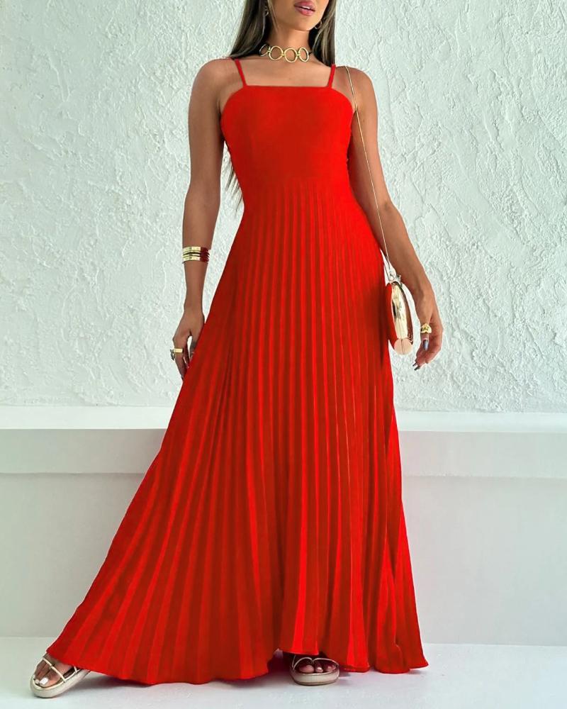 

Robe longue plissée à bretelles spaghetti et col carré avec détails noués au dos Robe longue fluide décontractée, Red