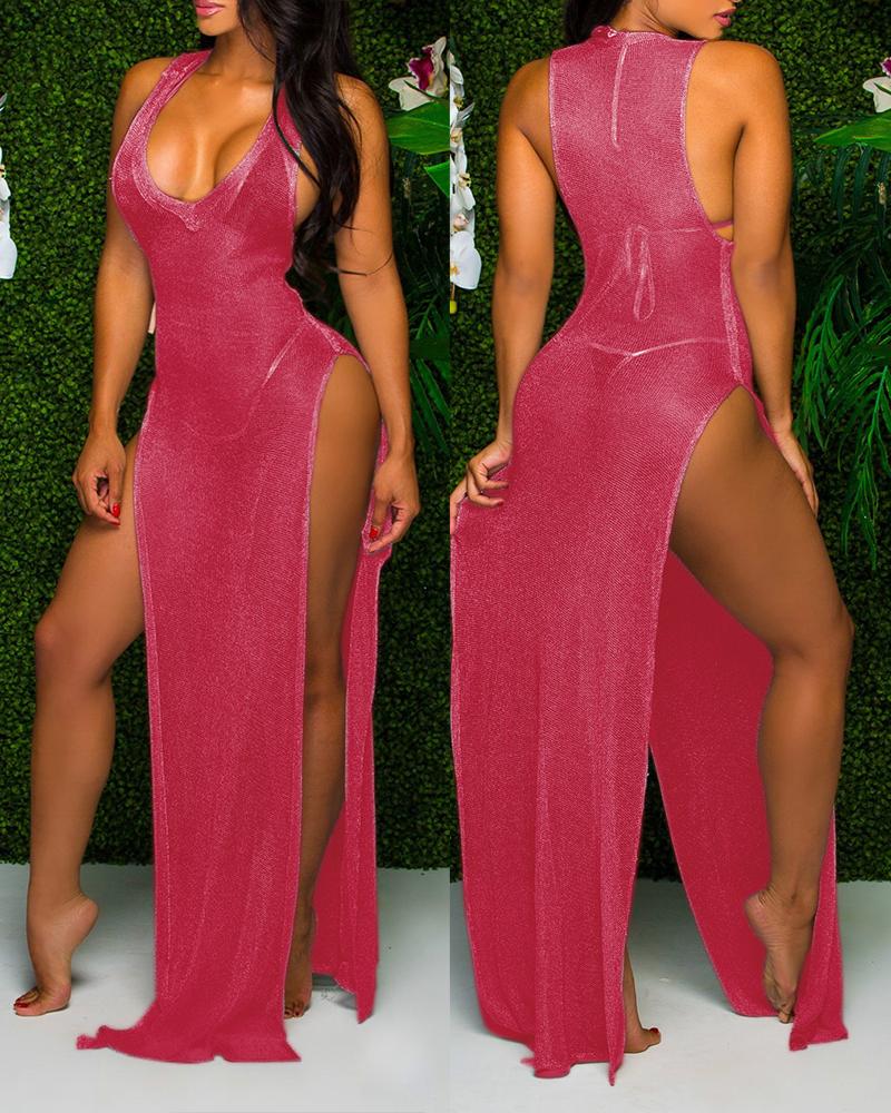 

Sheer Mesh Sleeveless High Slit Maxi Dress, Hot pink
