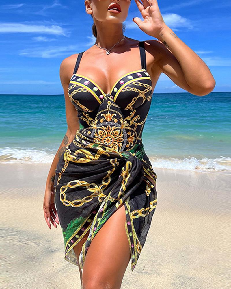 

Baroque Chain Print One Piece Swimsuit With Cover Up, Black