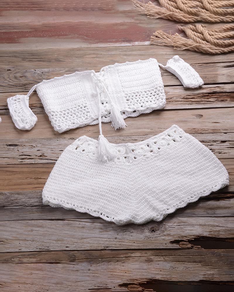 

Hollow Out Tassel Design Crochet Tankini Set, White