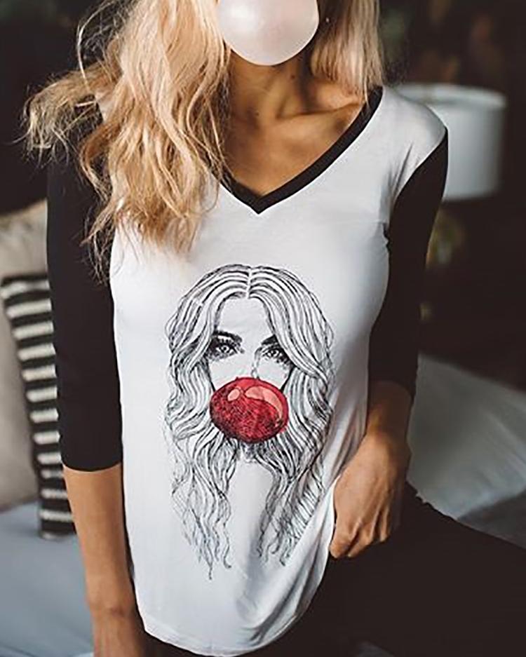 

V Neck Raglan Sleeve Printed T-shirt, White