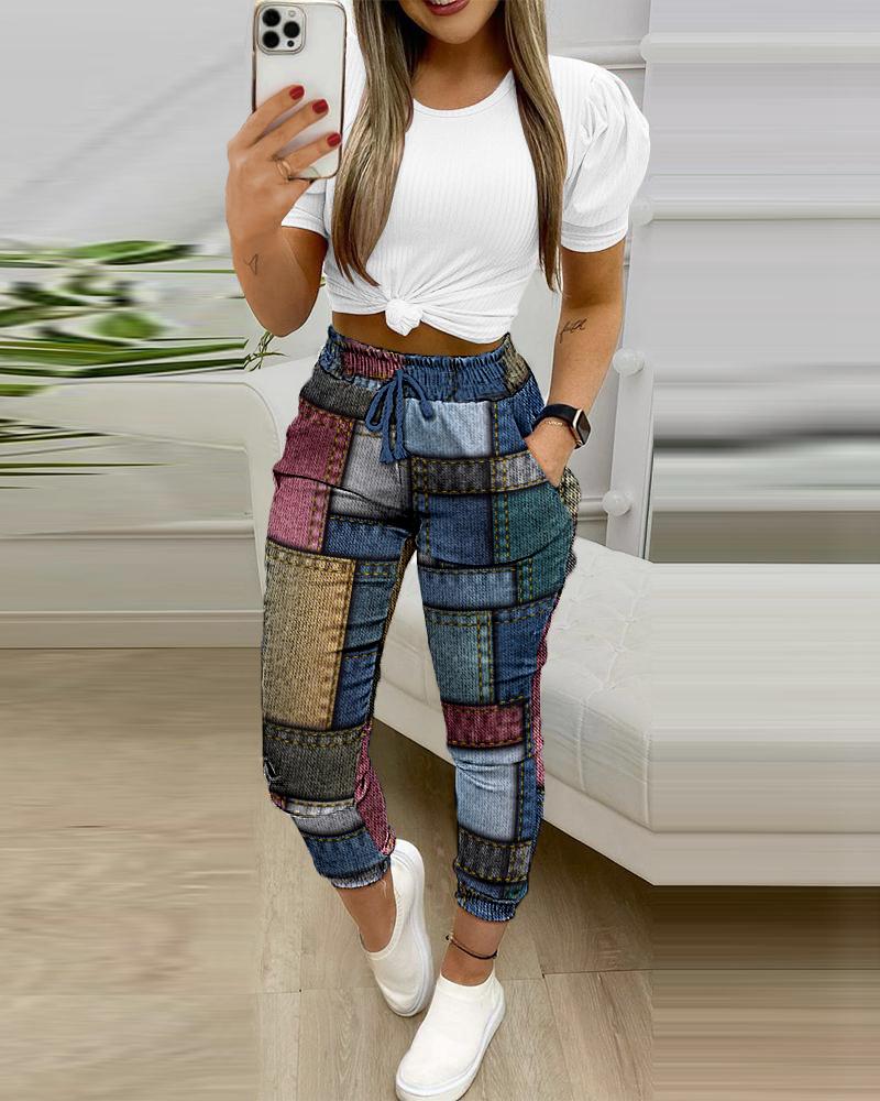 

Calça jeans com estampa e cordão, Multicolor