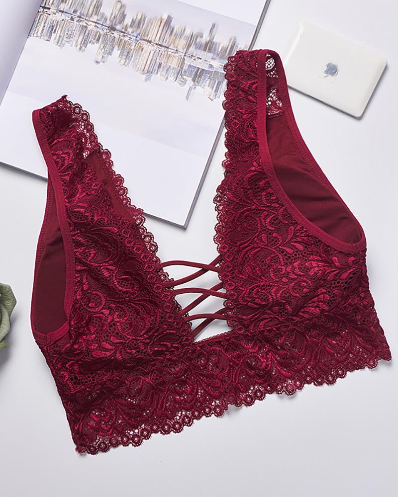 

Lace-up Crochet Lace Bralette Crop Top Wireless Underwear, Wine red