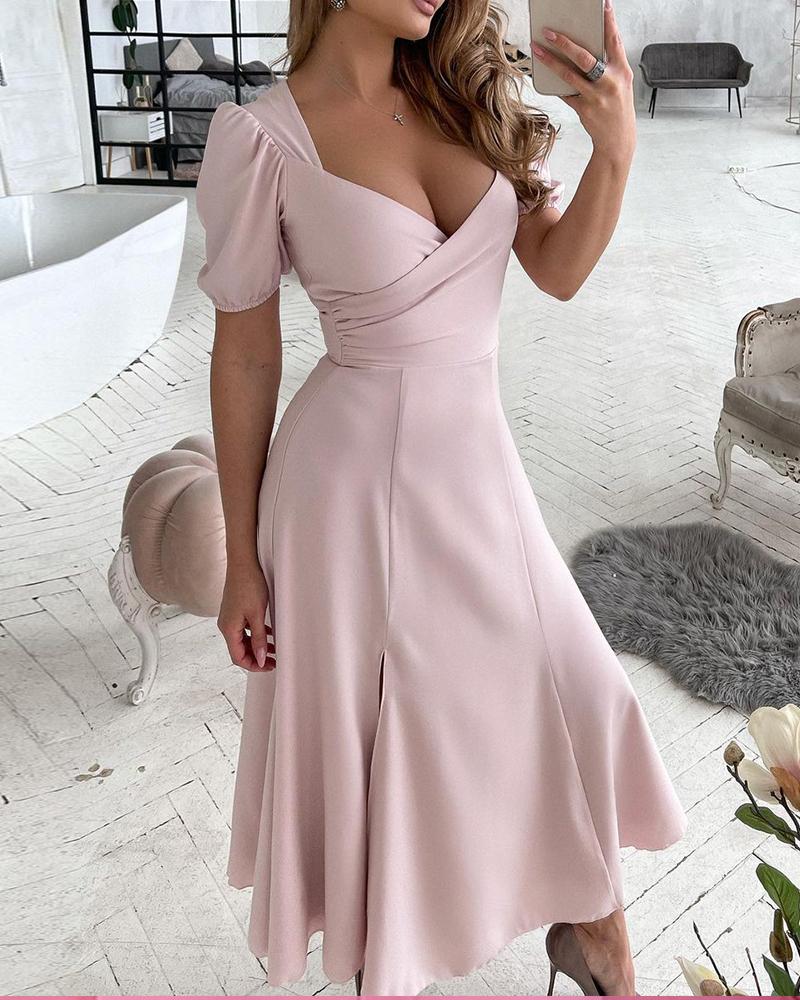 

V-Neck Zipper Slit Backless Dress, Pink