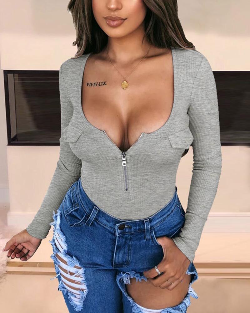 

Long Sleeve Zipper Front Bodysuit, Gray