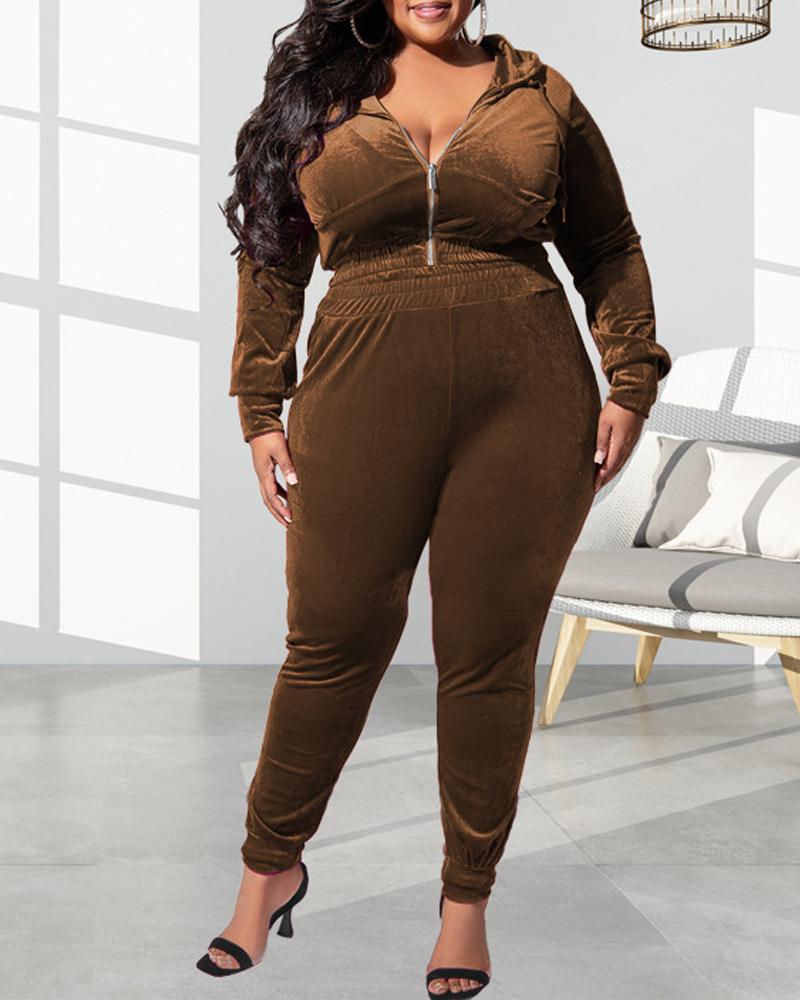 

Plus Size Velvet Zip Up Hooded Top & Pants Set, Coffee