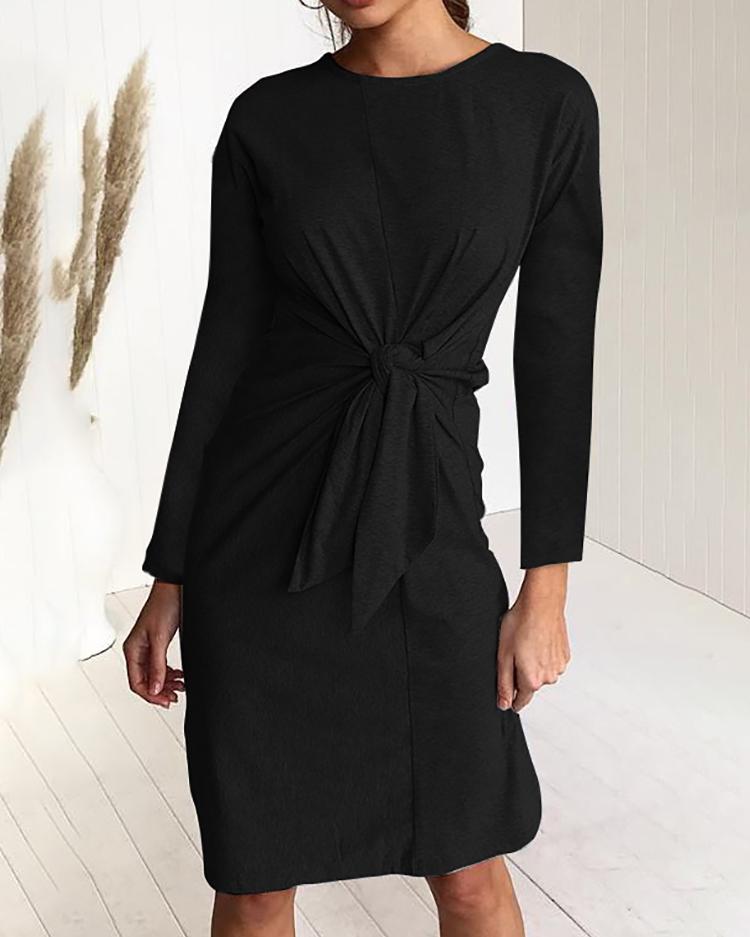 

Solid Long Sleeve Twisted Knot Front Casual Dress, Black
