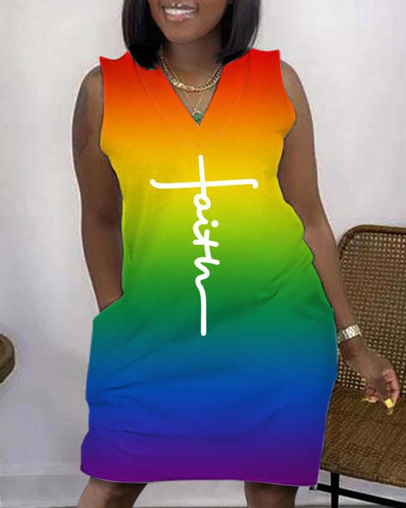 

Plus Size Faith Print Rainbow Ombre Sleeveless Casual Dress, Multicolor