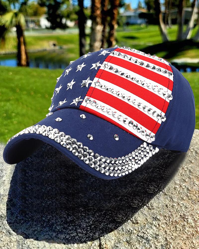 

Independence Day Rhinestone Flag Print Peaked Cap Outdoor Sun Hat, Blue