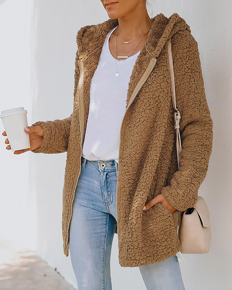 

Pocket Zipper Design Long Sleeve Fluffy Hooded Coat, Khaki