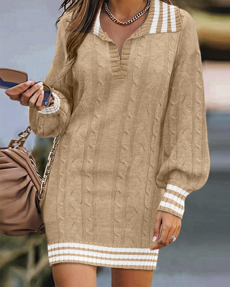 

Striped Lantern Sleeve Braided Dress, Brown