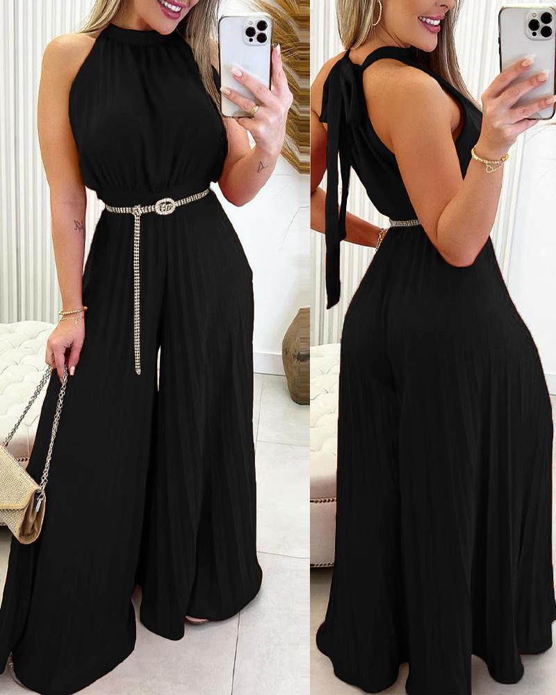 

Sleeveless Pleated Wide Leg Jumpsuit Without Belt, Black