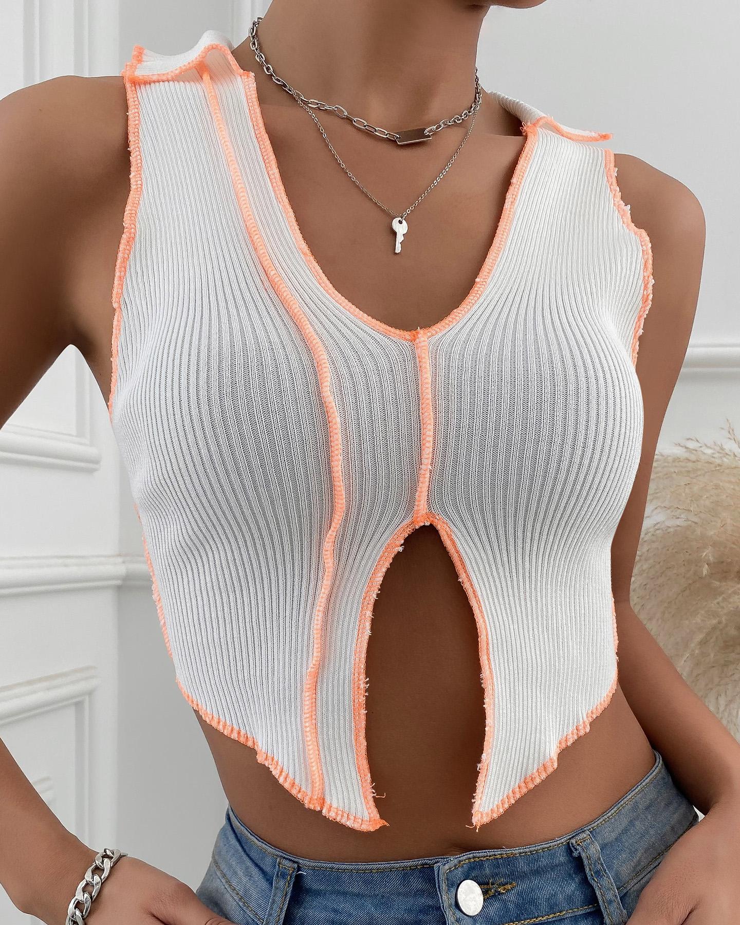 

Contrast Binding Slit Sleeveless Knit Crop Top, White