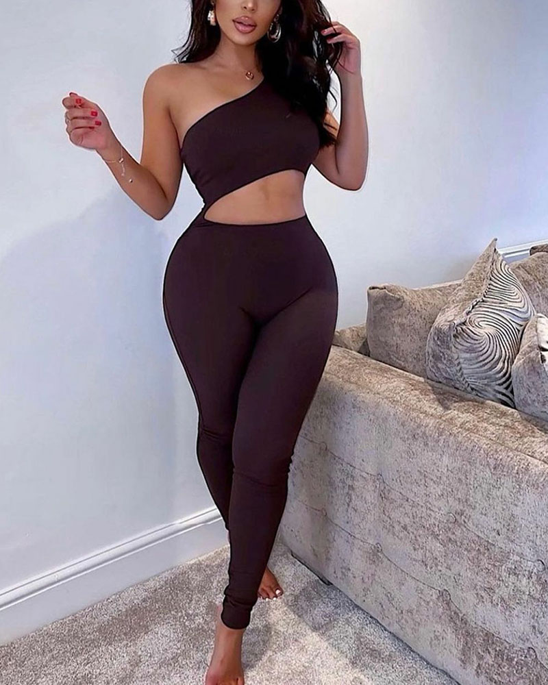 

One Shoulder Cutout Sleeveless Skinny Jumpsuit, Coffee