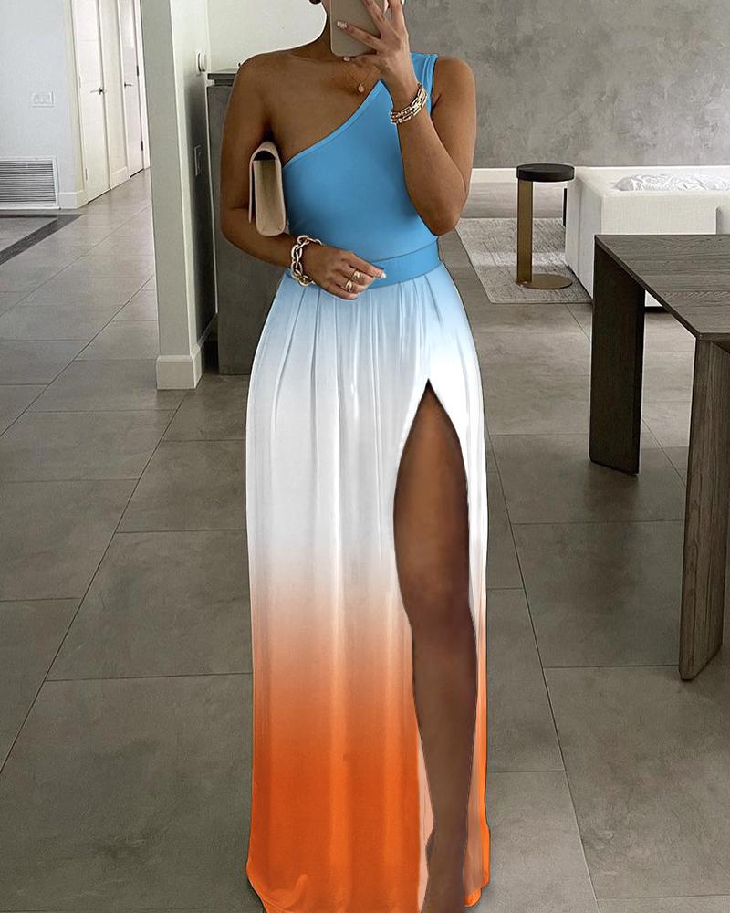 

Ombre One Shoulder High Slit Maxi Dress, Orange