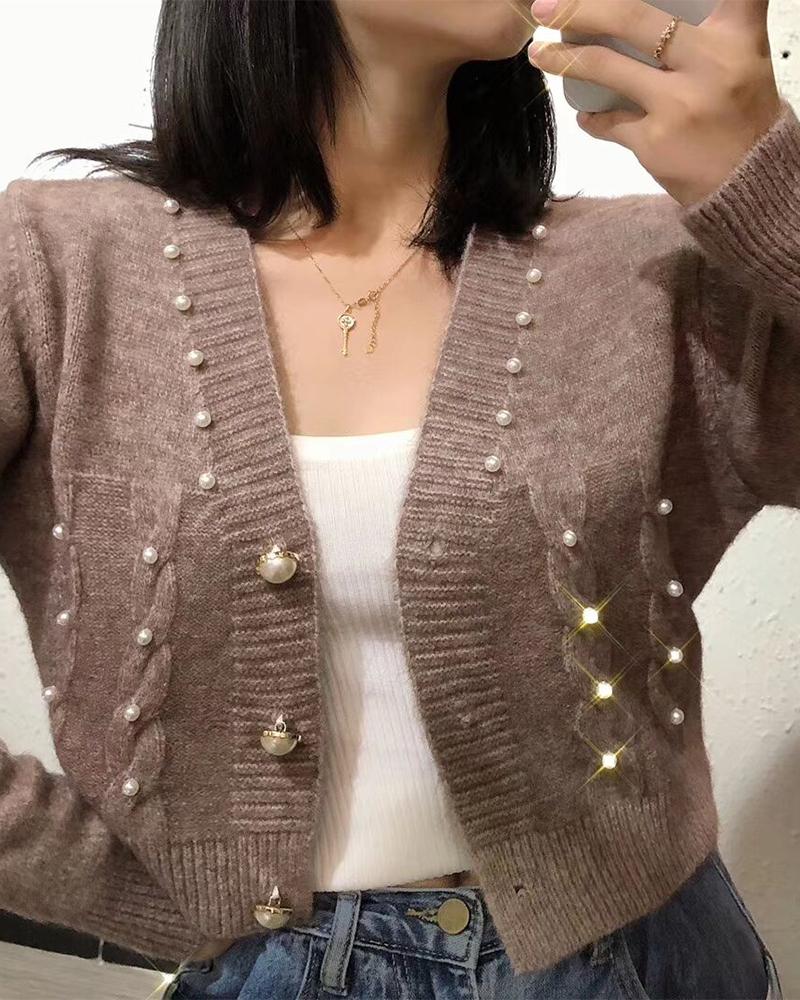 

Beaded Button Front Cable Knit Cardigan, Brown