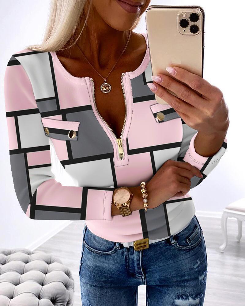 

Geometric Print Round Neck Zipper Design Top, Pink