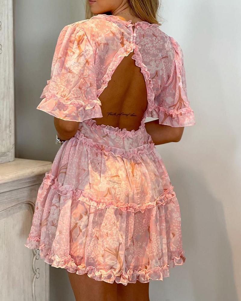 

Floral Print Frill Hem Backless Casual Dress, Pink