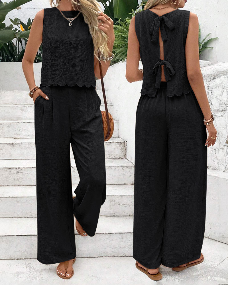 

Conjunto de 2 piezas con camiseta sin mangas con cordones en la espalda y pantalón informal con bolsillos, Black